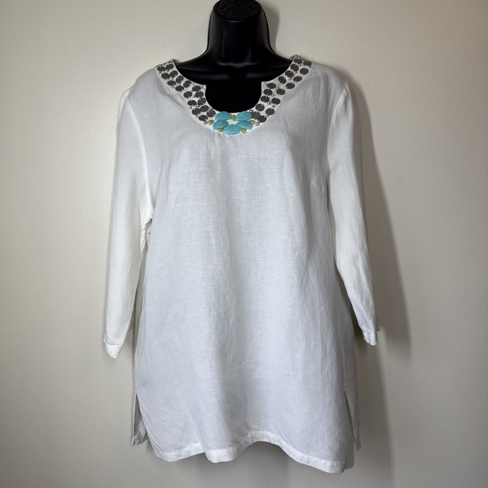 Lark Lane Knit Tunic Top Womens Size 10 White Linen Beaded Lagenlook Coastal